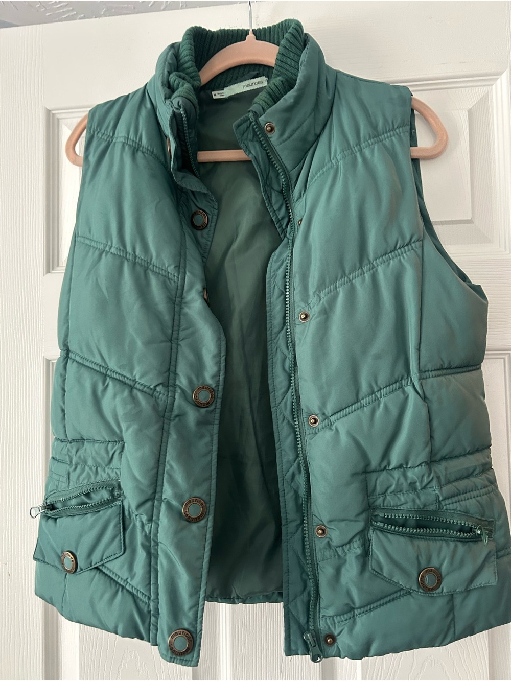 Maurices Teal Quilted Puffer Vest with Snap & Zip Pockets